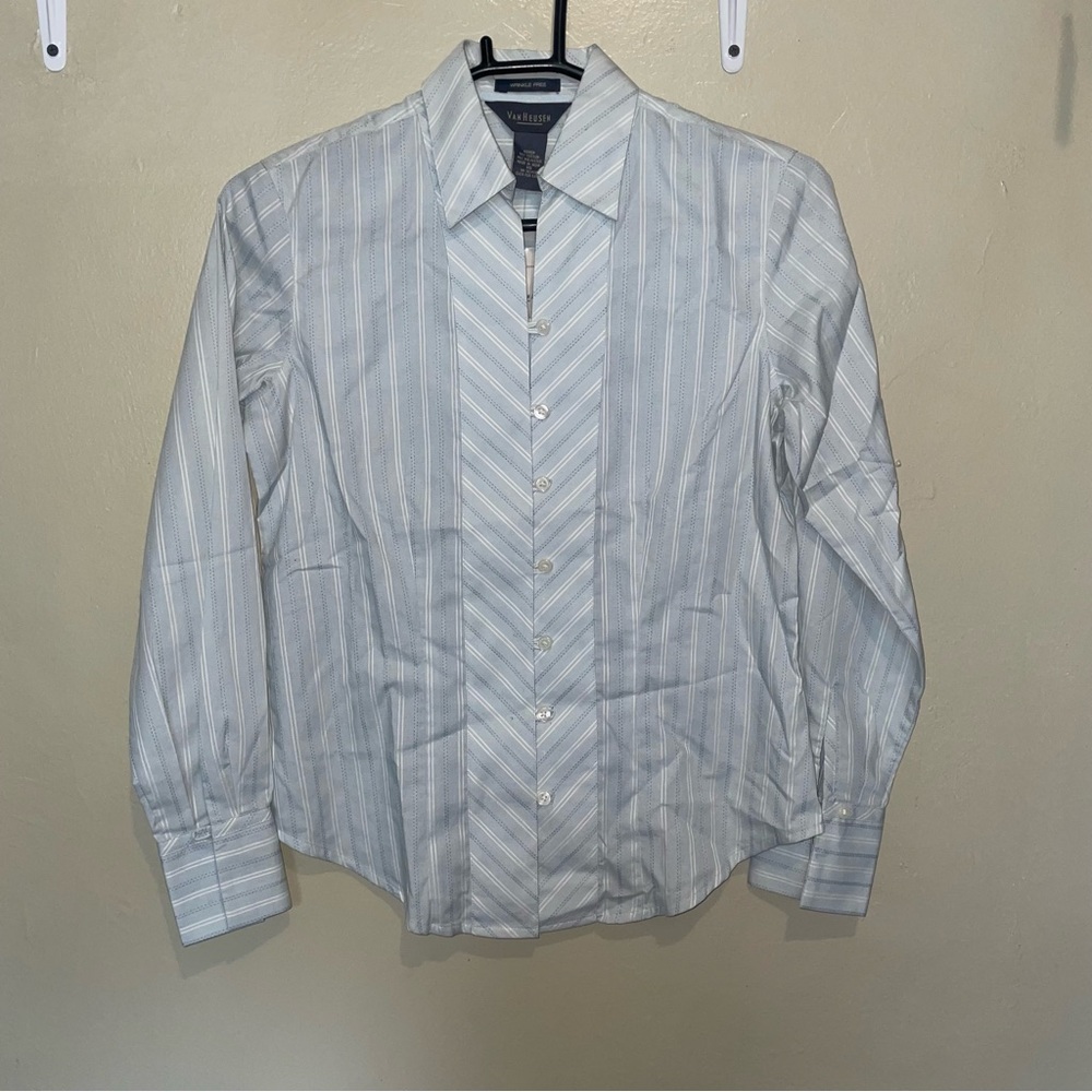 van heusen blue striped button up shirt women